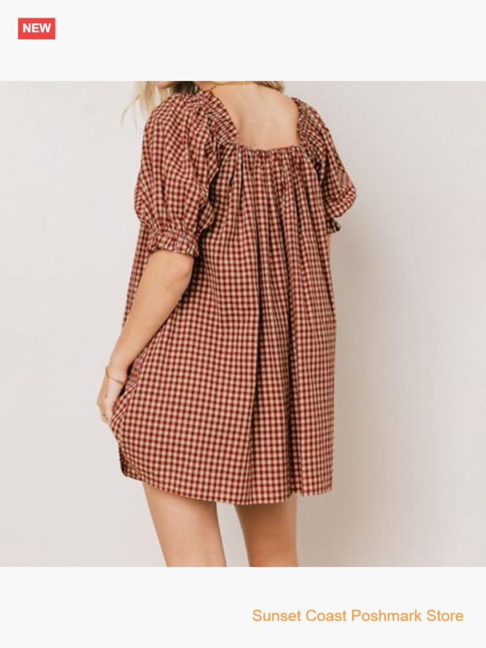 Gingham Babydoll Mini Dress Puff Sleeve Square Neck Bow Tie A-Line Plaid - Picture 3 of 6